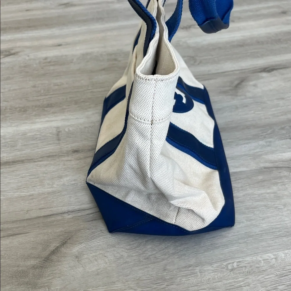 Tory Burch Large Ivory Canvas & Blue Vinyl Shoulder Beach Tote Bag Handbag - Picture 9 of 15
